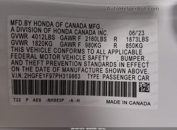 2HGFE1F97PH319863 2023 HONDA CIVIC White Вид підкапотного простору