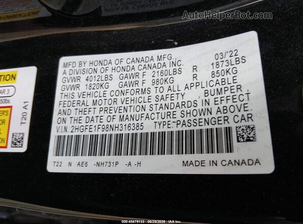 2HGFE1F98NH316385 2022 HONDA CIVIC Black ძრავის განყოფილების ხედი