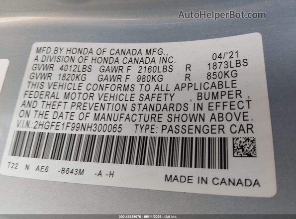 2HGFE1F99NH300065 2022 HONDA CIVIC Light Blue Vista del compartimento del motor