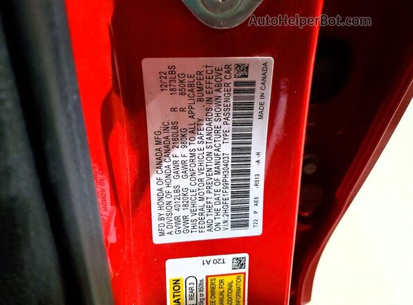 2HGFE1F99PH304037 2023 HONDA CIVIC Red Vista de la etiqueta del VIN