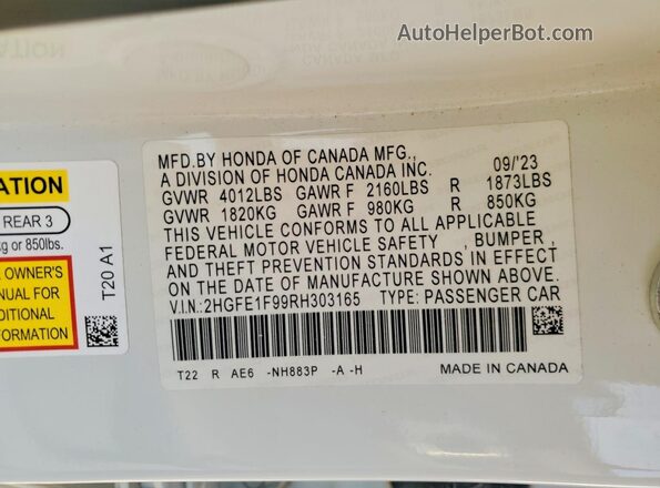 2HGFE1F99RH303165 2024 HONDA CIVIC White Vista del compartimento del motor