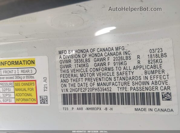 2HGFE2F20PH539452 2023 HONDA CIVIC Белый Вид подкапотного пространства