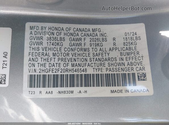 2HGFE2F20RH546548 2024 HONDA CIVIC Silver Vista del compartimento del motor