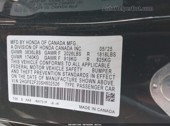 2HGFE2F20SH602526 2025 HONDA CIVIC Black 