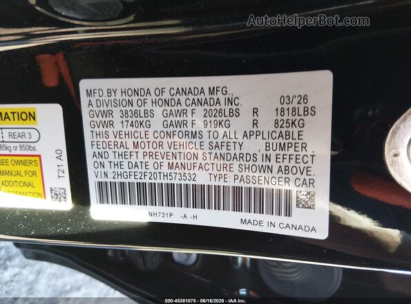 2HGFE2F20TH573532 2026 HONDA CIVIC Черный Вид подкапотного пространства