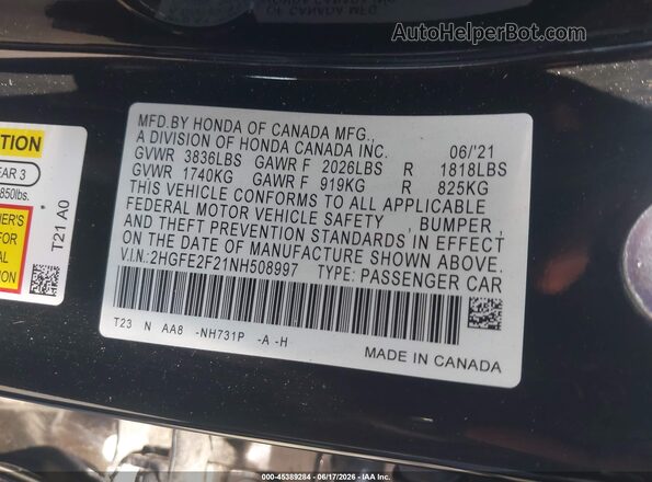 2HGFE2F21NH508997 2022 HONDA CIVIC Black Engine compartment view