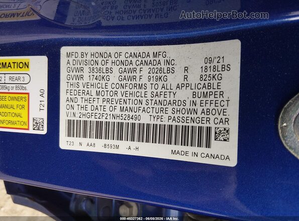 2HGFE2F21NH528490 2022 HONDA CIVIC Blue Вид підкапотного простору
