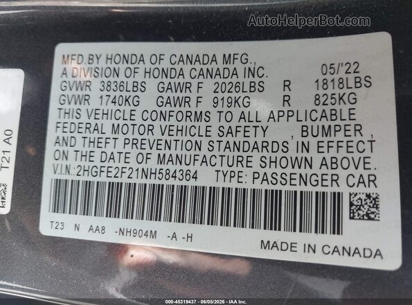 2HGFE2F21NH584364 2022 HONDA CIVIC Gray Շարժիչի բաժամունքի տեսք