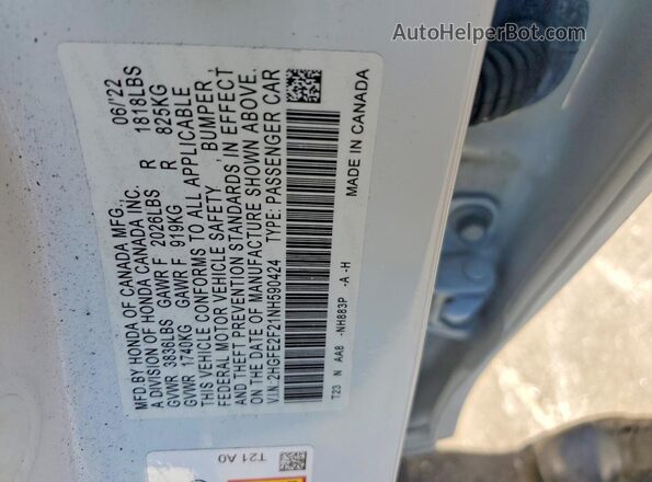 2HGFE2F21NH590424 2022 HONDA CIVIC White VIN կոդի պիտակի տեսք