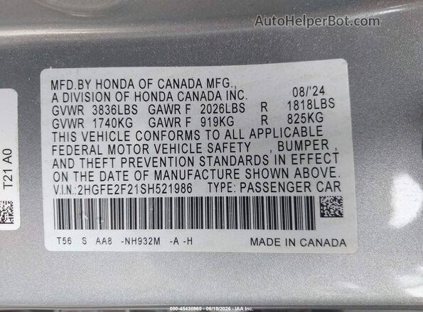 2HGFE2F21SH521986 2025 HONDA CIVIC Silver Շարժիչի բաժամունքի տեսք