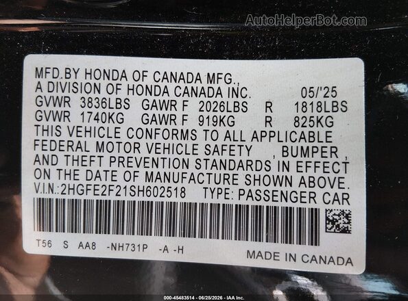 2HGFE2F21SH602518 2025 HONDA CIVIC Black Engine compartment view