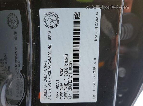 2HGFE2F21TH100299 2026 HONDA CIVIC Black Vista de la etiqueta del VIN