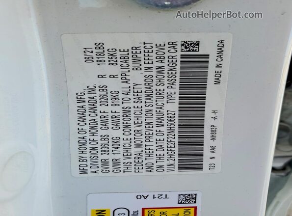 2HGFE2F22NH506627 2022 HONDA CIVIC White Widok komory silnika
