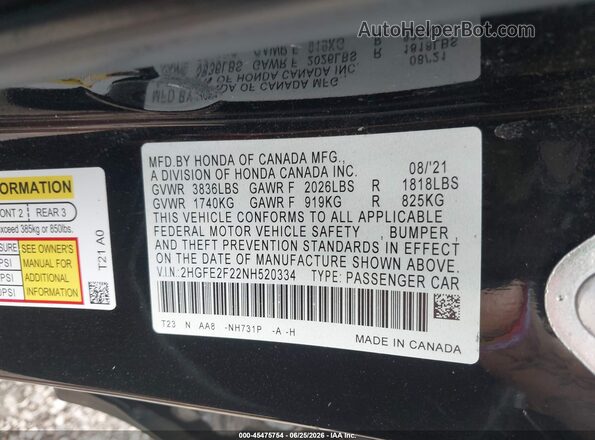 2HGFE2F22NH520334 2022 HONDA CIVIC Black Widok komory silnika
