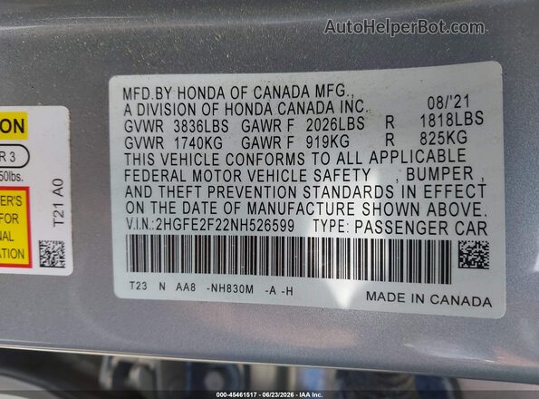 2HGFE2F22NH526599 2022 HONDA CIVIC Gray Engine compartment view