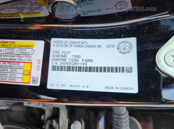2HGFE2F22RH111918 2024 HONDA CIVIC Black 