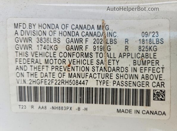 2HGFE2F22RH508447 2024 HONDA CIVIC White 