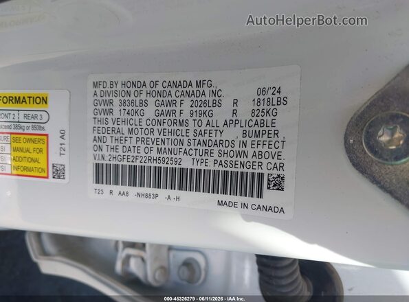 2HGFE2F22RH592592 2024 HONDA CIVIC White Вид підкапотного простору