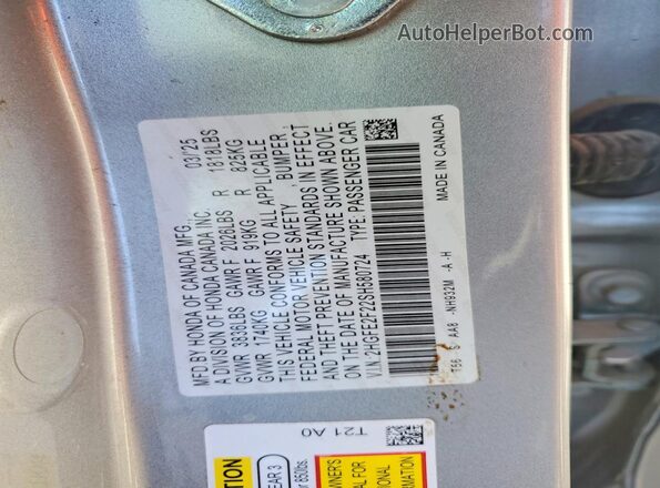 2HGFE2F22SH580724 2025 HONDA CIVIC Silver VIN კოდის სტიკერის ხედი
