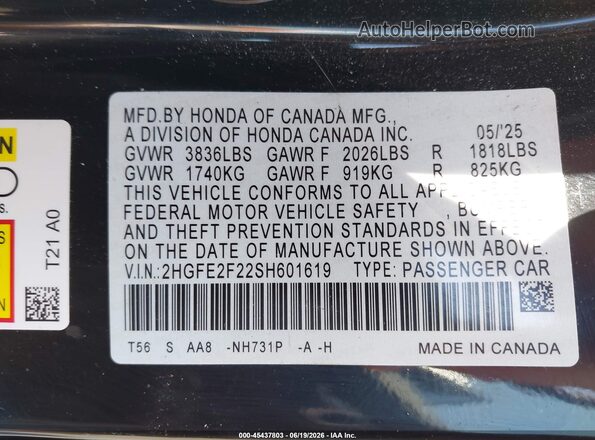 2HGFE2F22SH601619 2025 HONDA CIVIC Black Engine compartment view