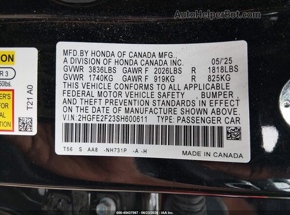 2HGFE2F23SH600611 2025 HONDA CIVIC Black Engine compartment view