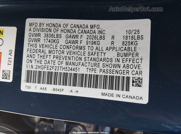 2HGFE2F23TH534451 2026 HONDA CIVIC Navy Engine compartment view