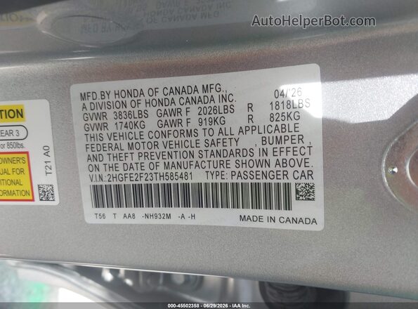 2HGFE2F23TH585481 2026 HONDA CIVIC Silver ძრავის განყოფილების ხედი
