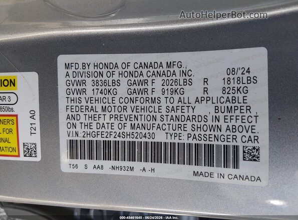 2HGFE2F24SH520430 2025 HONDA CIVIC Silver Вид підкапотного простору