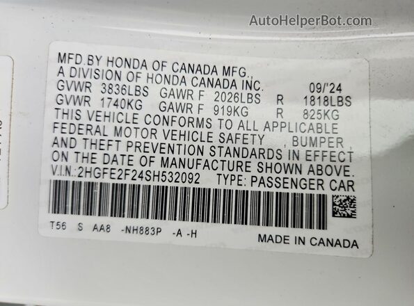 2HGFE2F24SH532092 2025 HONDA CIVIC White 