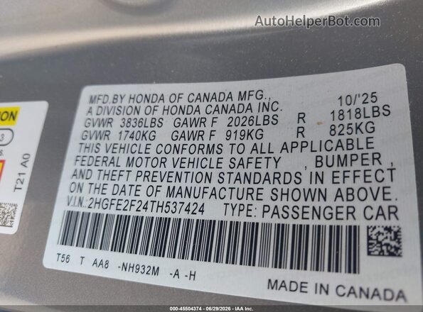 2HGFE2F24TH537424 2026 HONDA CIVIC Silver ძრავის განყოფილების ხედი