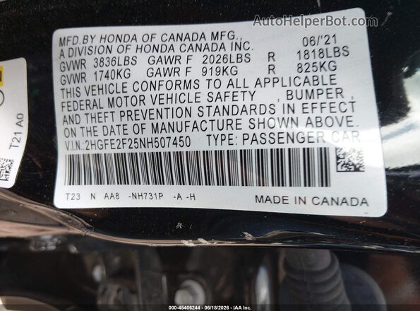 2HGFE2F25NH507450 2022 HONDA CIVIC Black Вид підкапотного простору