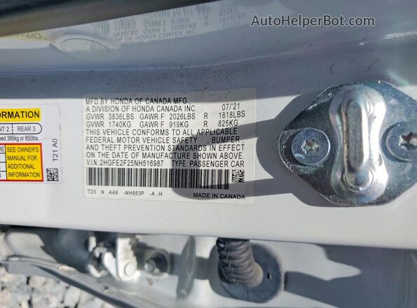 2HGFE2F25NH516987 2022 HONDA CIVIC Белый Вид наклейки с VIN-кодом