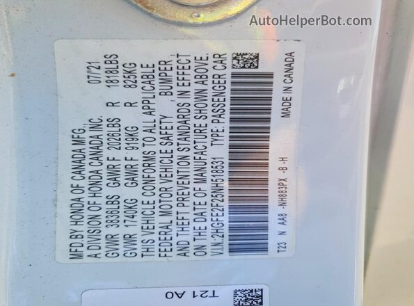 2HGFE2F25NH518531 2022 HONDA CIVIC White 