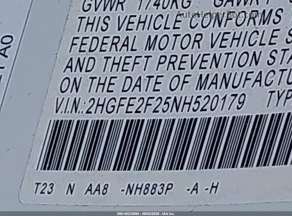 2HGFE2F25NH520179 2022 HONDA CIVIC White ძრავის განყოფილების ხედი