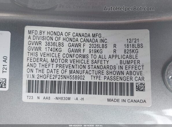 2HGFE2F25NH558902 2022 HONDA CIVIC Silver Вид підкапотного простору