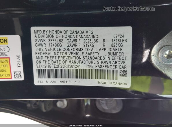 2HGFE2F25RH561241 2024 HONDA CIVIC Black Vista del compartimento del motor