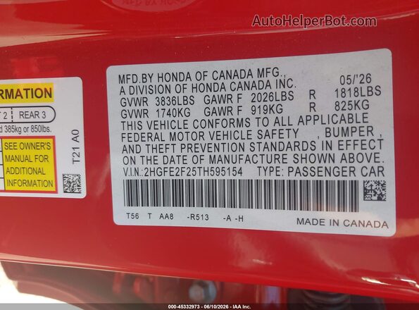 2HGFE2F25TH595154 2026 HONDA CIVIC Red Widok komory silnika
