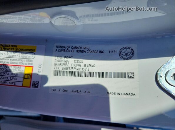 2HGFE2F26NH115318 2022 HONDA CIVIC White VIN sticker view