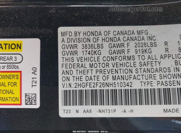2HGFE2F26NH510342 2022 HONDA CIVIC Black Widok komory silnika