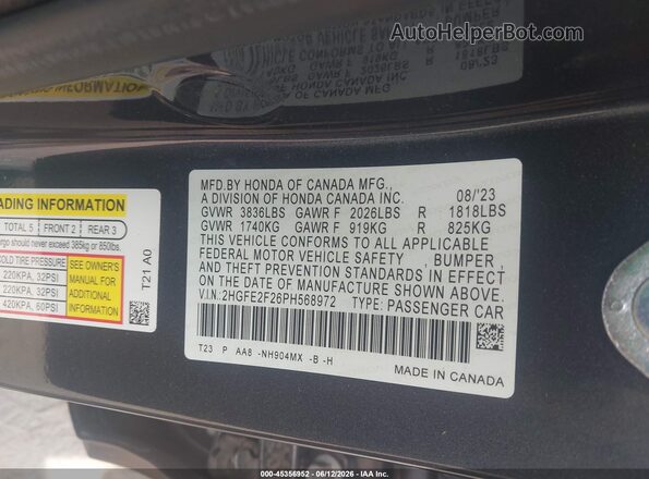 2HGFE2F26PH568972 2023 HONDA CIVIC Gray Vista del compartimento del motor