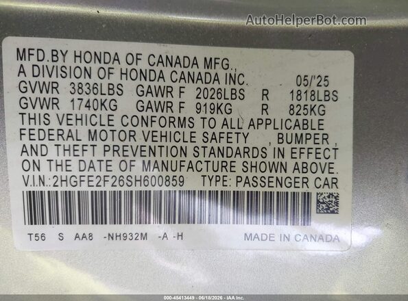 2HGFE2F26SH600859 2025 HONDA CIVIC Silver 