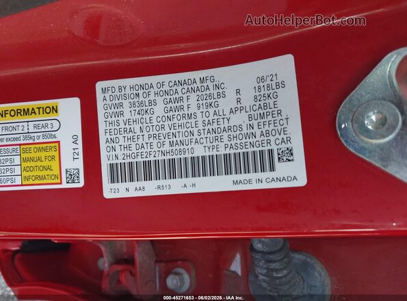 2HGFE2F27NH508910 2022 HONDA CIVIC Red Շարժիչի բաժամունքի տեսք