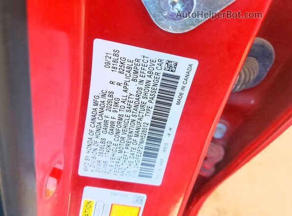 2HGFE2F27NH528512 2022 HONDA CIVIC Красный Вид подкапотного пространства