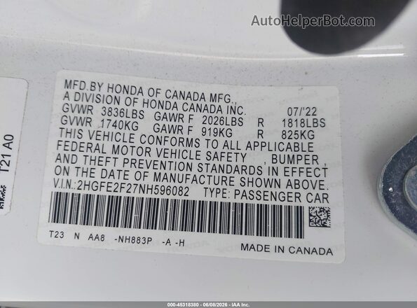 2HGFE2F27NH596082 2022 HONDA CIVIC White ძრავის განყოფილების ხედი