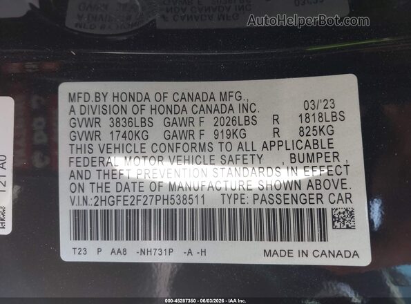 2HGFE2F27PH538511 2023 HONDA CIVIC Black Vista del compartimento del motor