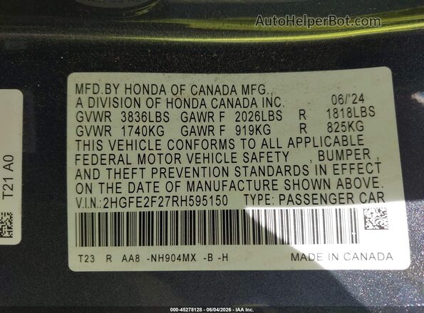 2HGFE2F27RH595150 2024 HONDA CIVIC Gray Engine compartment view