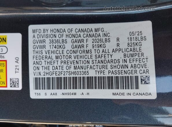2HGFE2F27SH603365 2025 HONDA CIVIC Gray Widok komory silnika