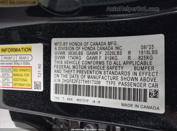 2HGFE2F27TH517006 2026 HONDA CIVIC Black Engine compartment view