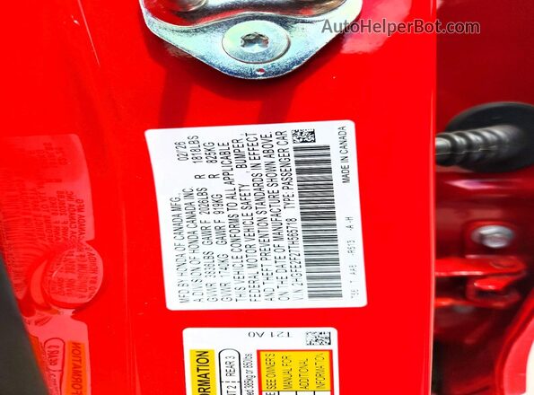 2HGFE2F27TH565718 2026 HONDA CIVIC Red Vista del compartimento del motor