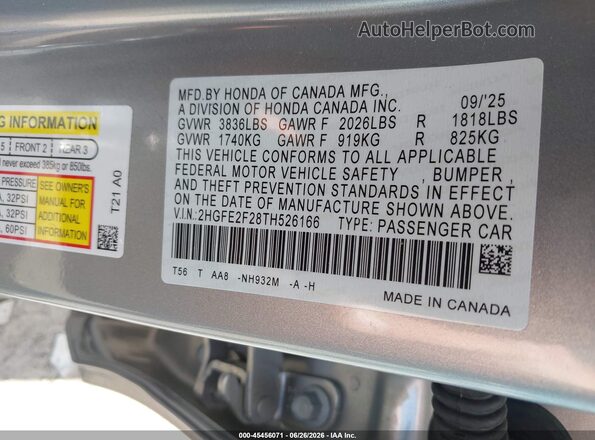 2HGFE2F28TH526166 2026 HONDA CIVIC Light Blue Շարժիչի բաժամունքի տեսք